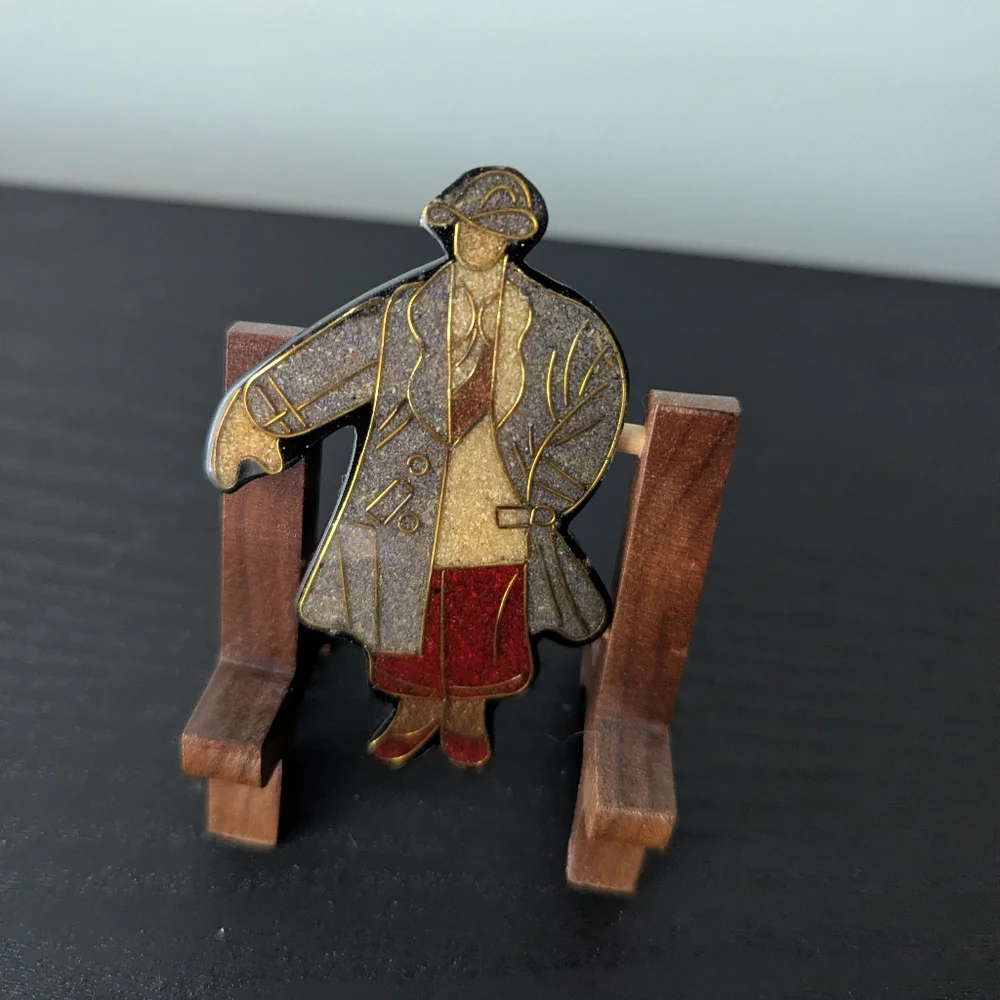 Vintage 80s/90s Long Coat Person Gray Red Gold Tone Plastic Brooch Pin